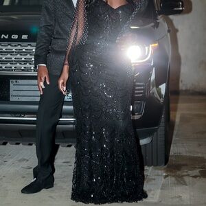 LaDivine CDS486 BLACK Beaded Prom Dress
